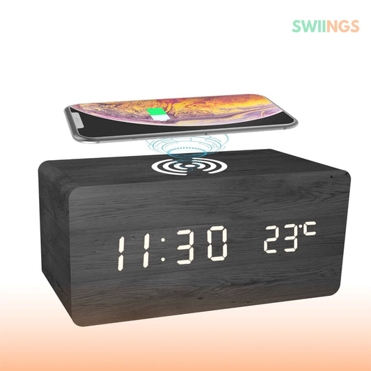 Wooden Alarm Clock with Wireless Charging Pad